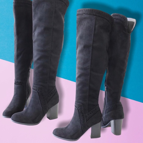 Soda Shoes - Soda Mention Black Faux Suede Knee High Heel BOOT